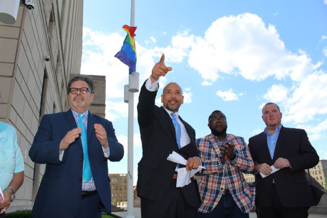 Bronx Borough President Ruben Diaz Jr. at the first ever Bronx LGBTQ flag-raising ceremony